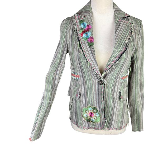 Aziz Green & Gray Stripe Distressed Edge Embroidered Flower Cotton Blazer Jacket - Picture 6 of 9